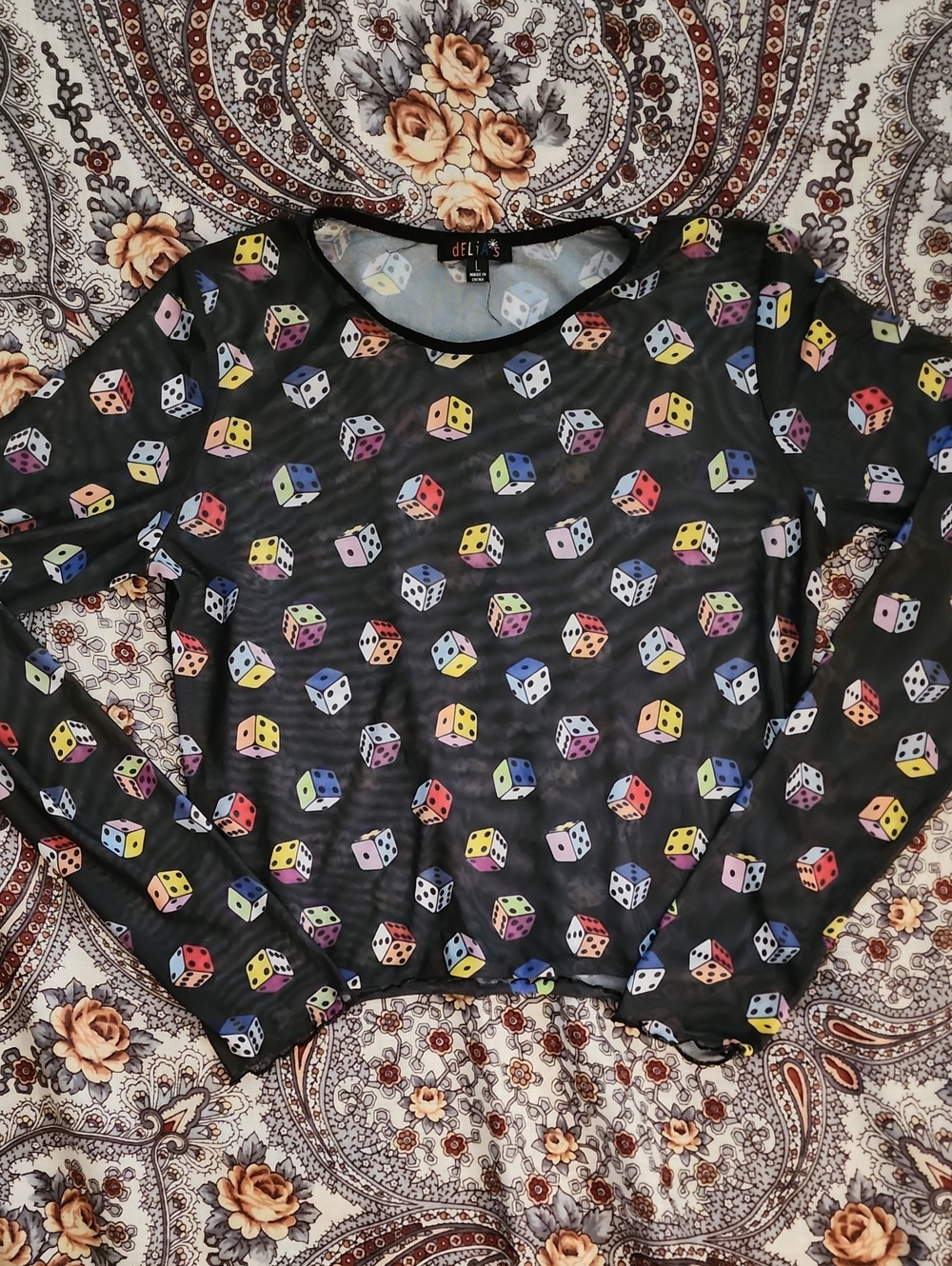 dELiA*s Black Sheer Long Sleeve Top with Multicolor Dice – Size L